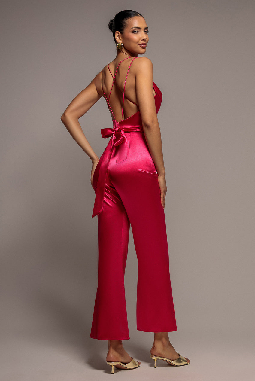 Satin Cowl Neck Jumpsuit - Cerise by Goddiva - TR234VP