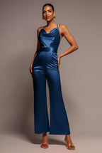 Satin Cowl Neck Jumpsuit - Navy Blue by Goddiva - TR234VP