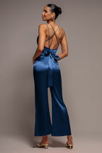 Satin Cowl Neck Jumpsuit - Navy Blue by Goddiva - TR234VP