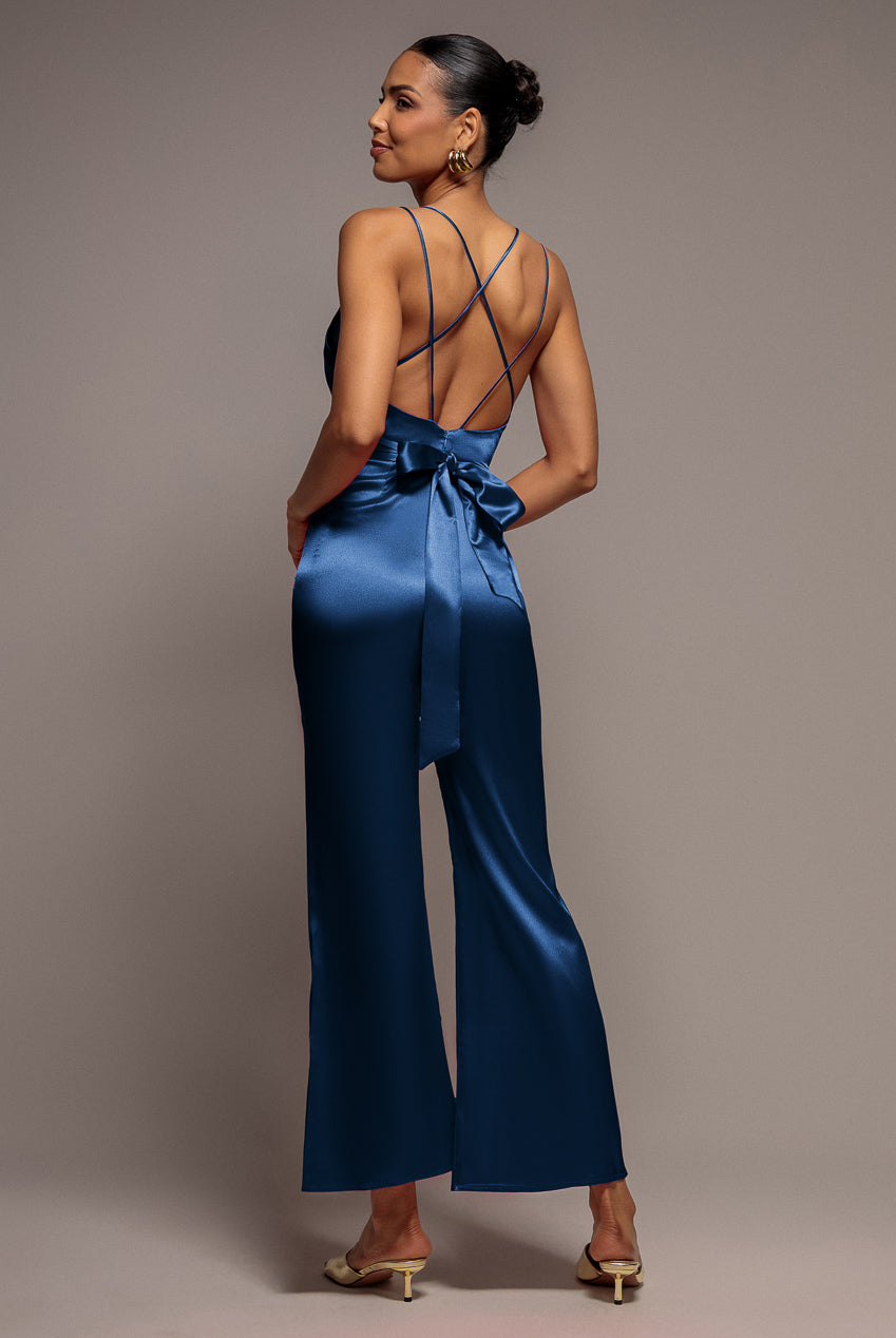 Satin Cowl Neck Jumpsuit - Navy Blue by Goddiva - TR234VP
