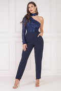 Goddiva One Shoulder Sequin Bodice Jumpsuit