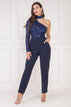 Goddiva One Shoulder Sequin Bodice Jumpsuit