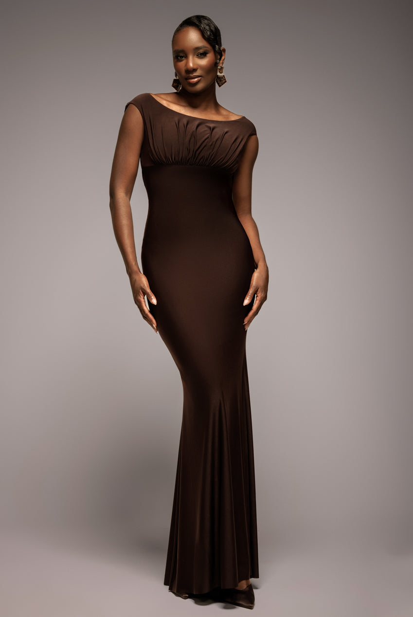 Goddiva Open Back Cowl Neck Gathered Maxi Dress With Velvet Tie Back