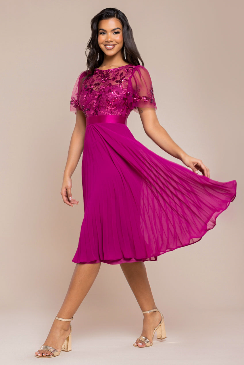 Goddiva Embroidered Top Chiffon Pleated Midi