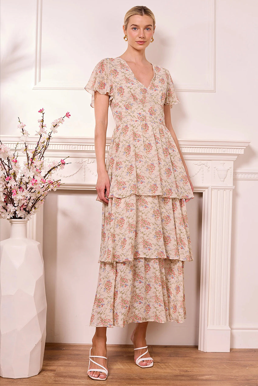 Ditsy Floral Cream Tiered Maxi Dress by Angeleye - Z042598