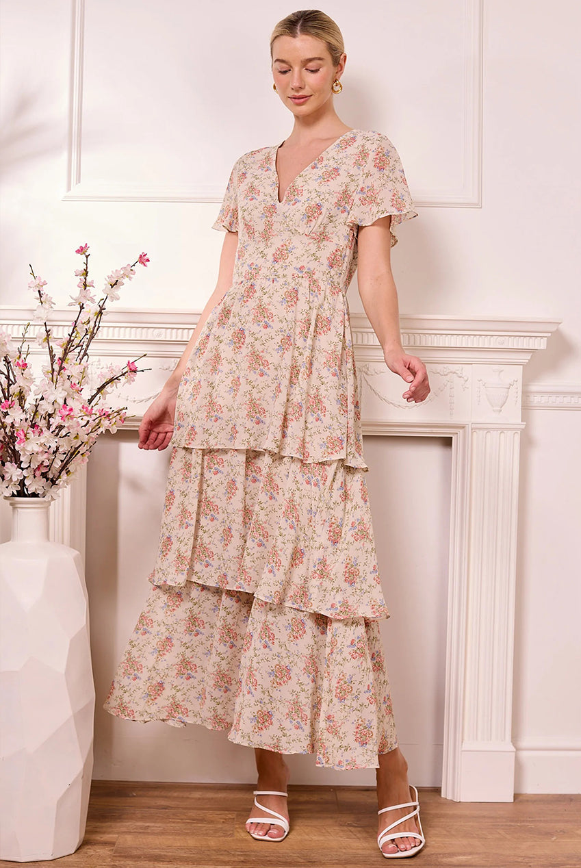 Ditsy Floral Cream Tiered Maxi Dress by Angeleye - Z042598