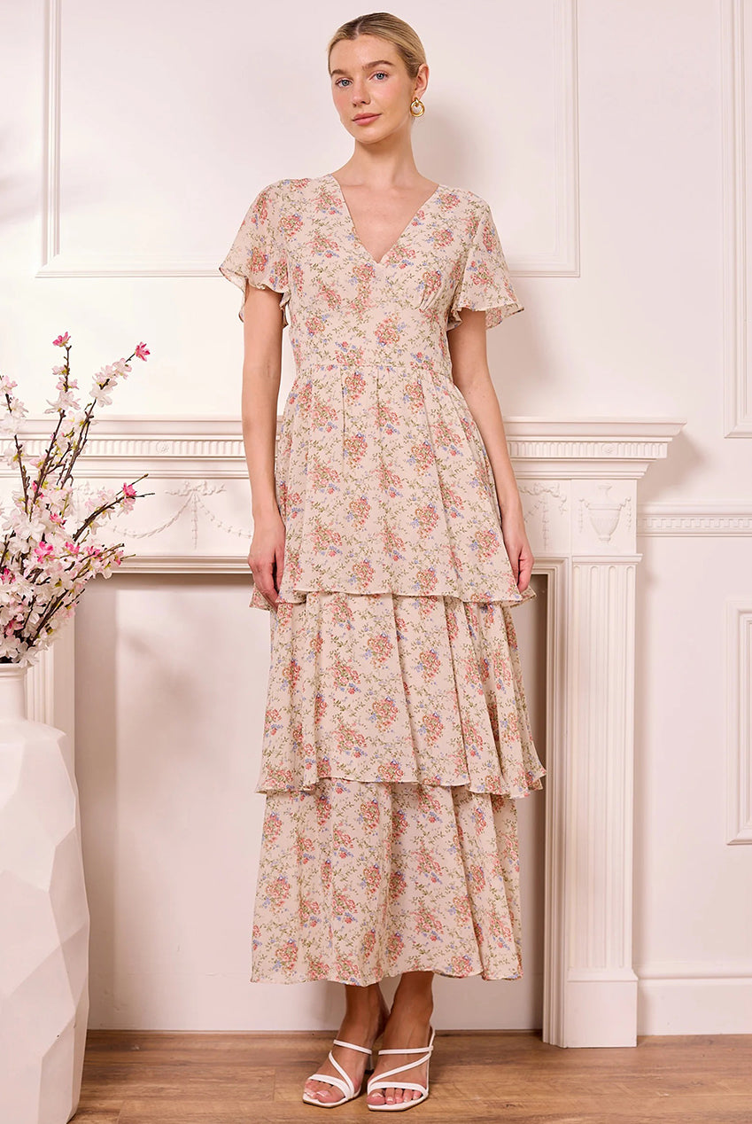 Ditsy Floral Cream Tiered Maxi Dress by Angeleye - Z042598