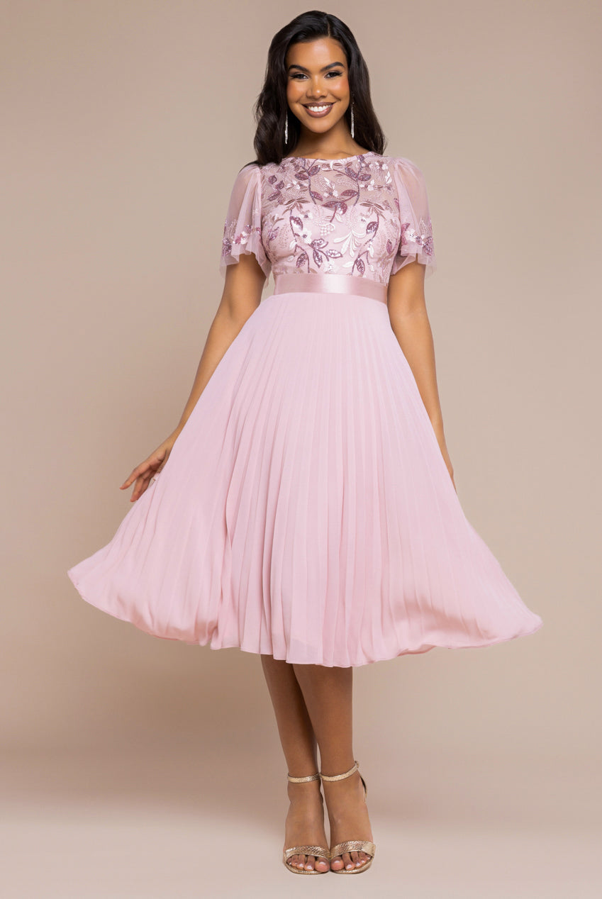 Goddiva Embroidered Top Chiffon Pleated Midi