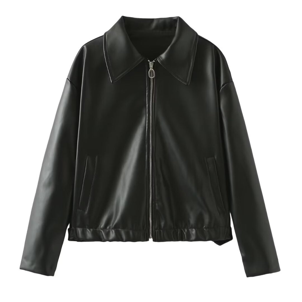 Solid Leather Long Sleeve Lapel Jacket