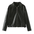 Solid Leather Long Sleeve Lapel Jacket