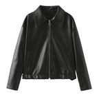 Solid Leather Long Sleeve Lapel Jacket