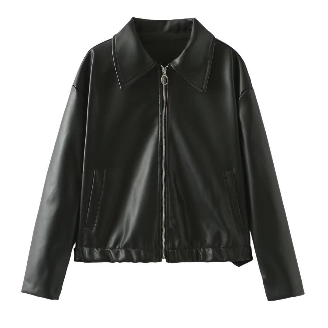 Solid Leather Long Sleeve Lapel Jacket