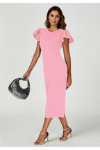 Volume Sleeve Bodycon Midi Dress In Pink by FS Collection - FS770