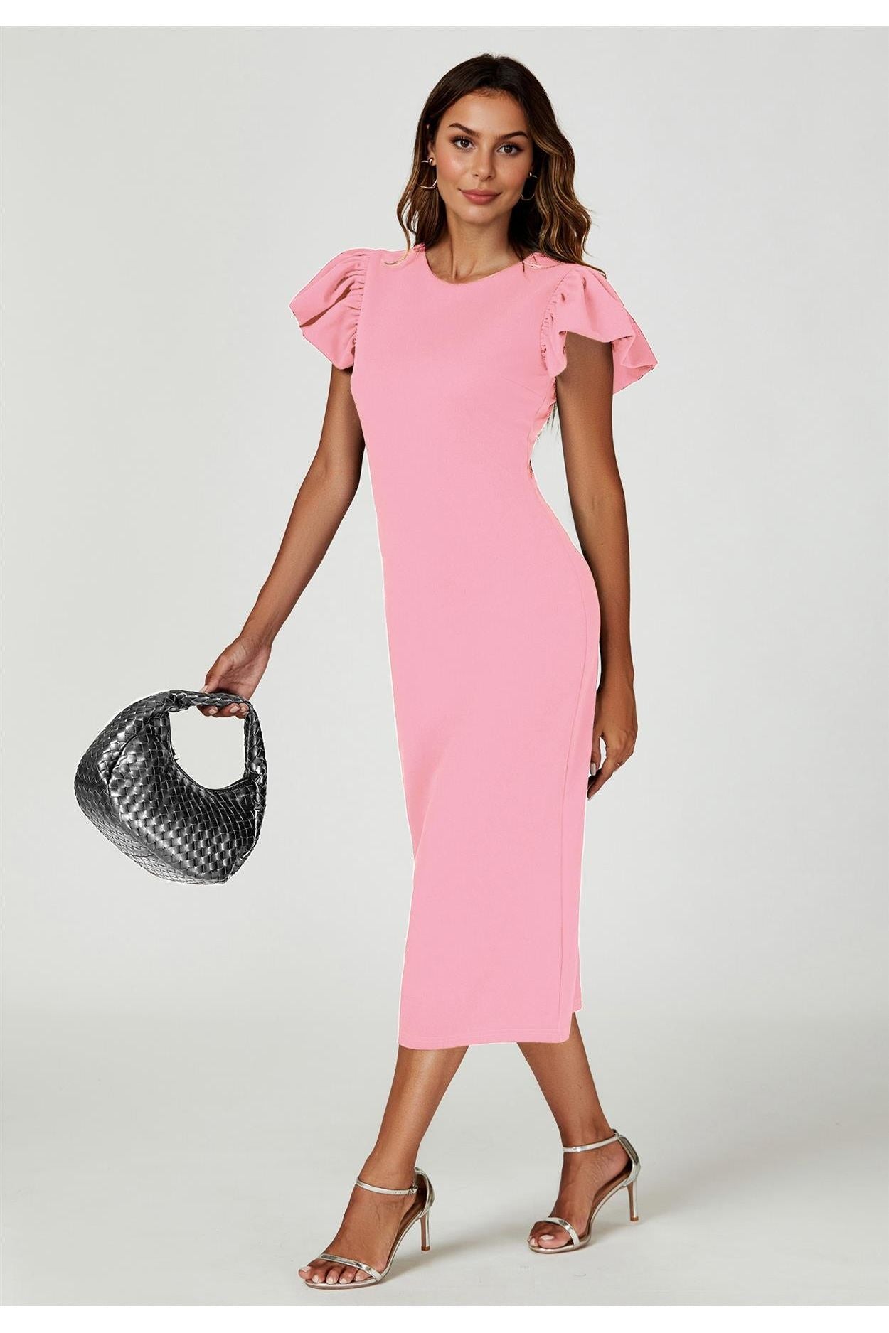 Volume Sleeve Bodycon Midi Dress In Pink by FS Collection - FS770
