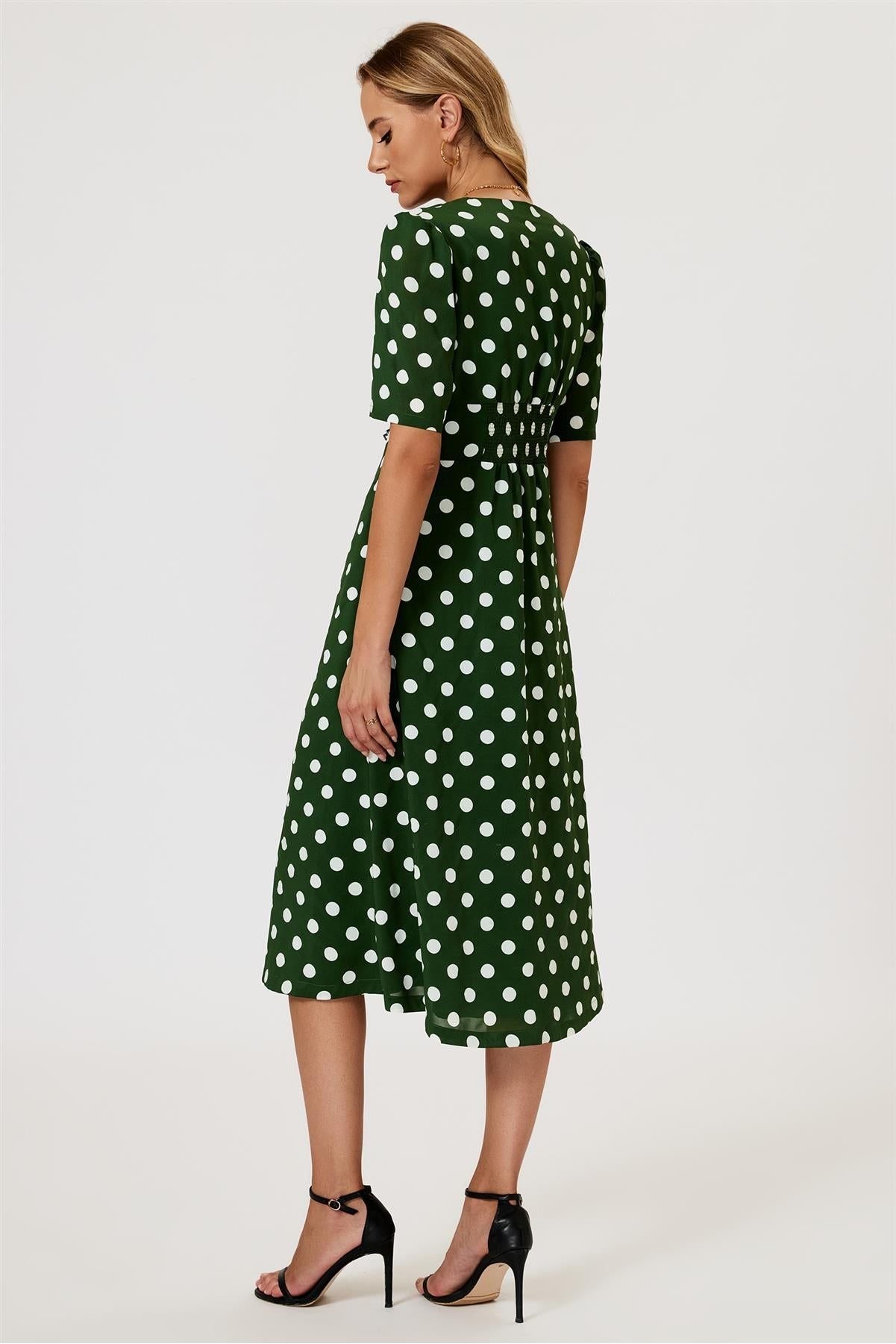 Polka Dot Print Button Front Midi Dress In Green by FS Collection - FS884