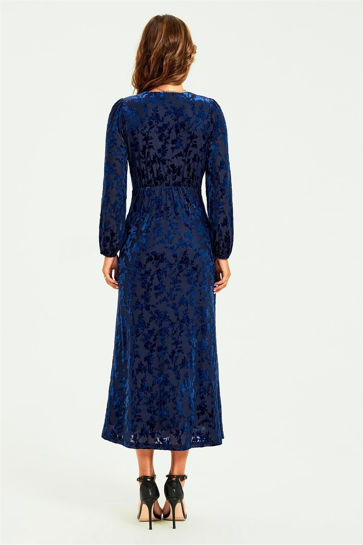 Floral Velvet Devore Lace Trim Neckline Midi Dress In Navy by FS Collection - FS903 NVF