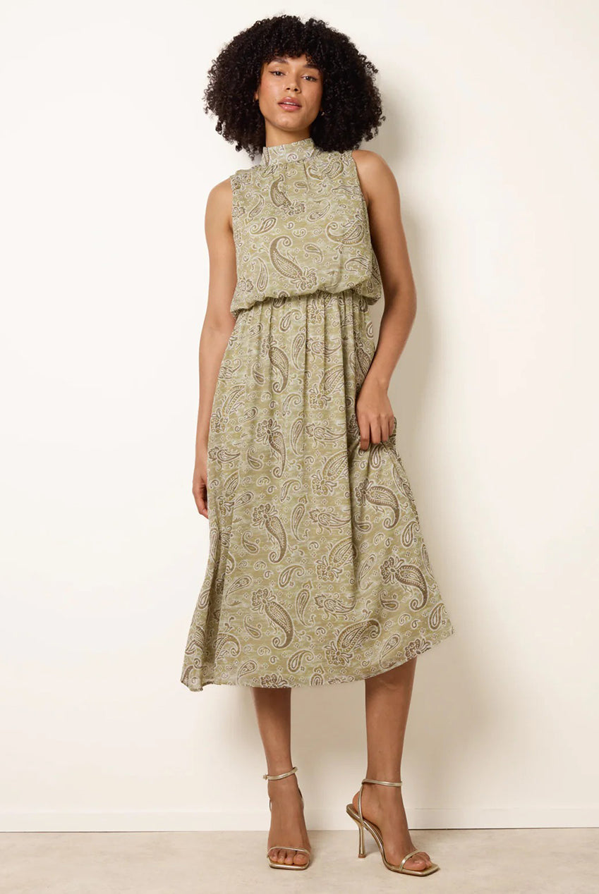 Paisley Print Rhinestone High Neck Midi Dress by Blue Vanilla - BV269851056