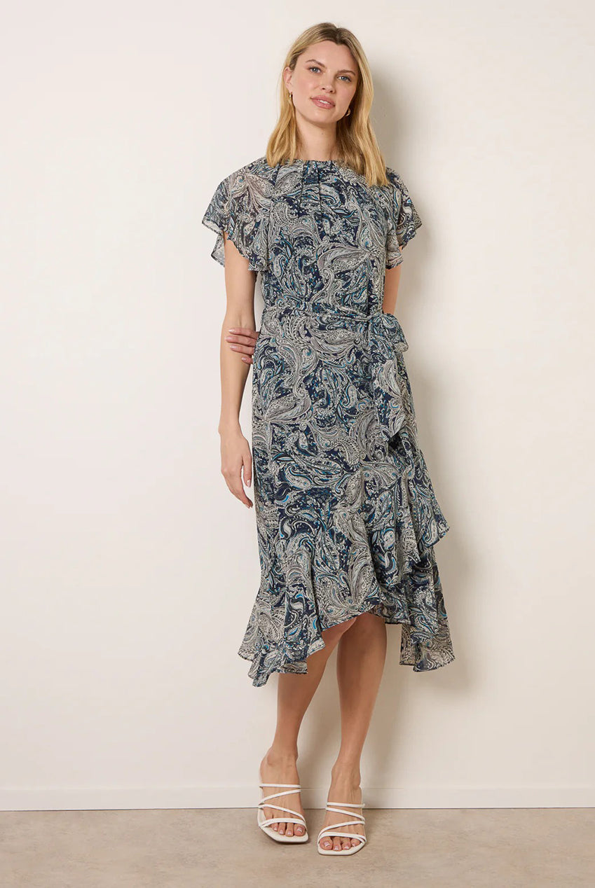 Paisley Print Angel Sleeve Asymmetric Midi Dress by Blue Vanilla - BV269864008