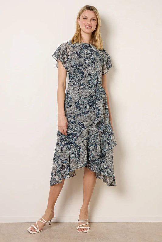 Paisley Print Angel Sleeve Asymmetric Midi Dress by Blue Vanilla - BV269864008
