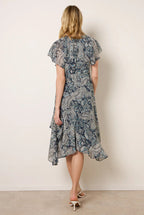 Paisley Print Angel Sleeve Asymmetric Midi Dress by Blue Vanilla - BV269864008