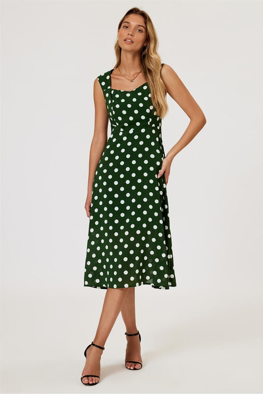 Polka Dot Print Heart Neck Midi Green by FS Collection - FS887