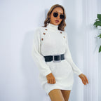 Long Turtleneck Sweater Dress With Button