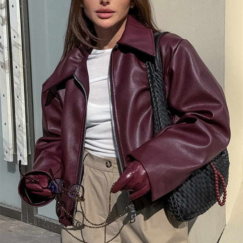 Solid Leather Long Sleeve Lapel Jacket