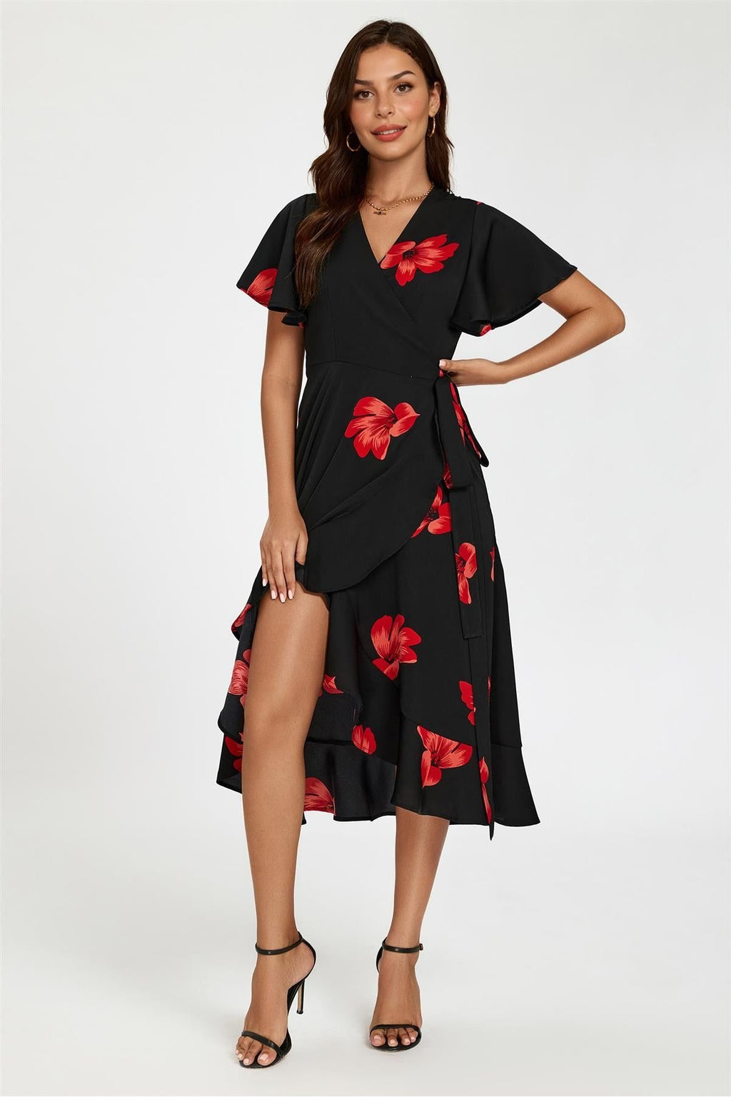 Floral Print Angel Sleeve Wrap Dress In Black by FS Collection - FS524 BLACKRED