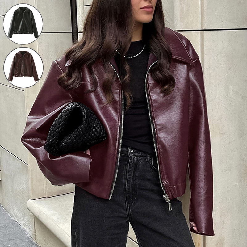 Solid Leather Long Sleeve Lapel Jacket