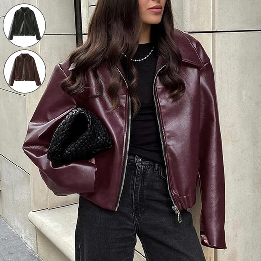 Solid Leather Long Sleeve Lapel Jacket
