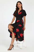 Floral Print Angel Sleeve Wrap Dress In Black by FS Collection - FS524 BLACKRED