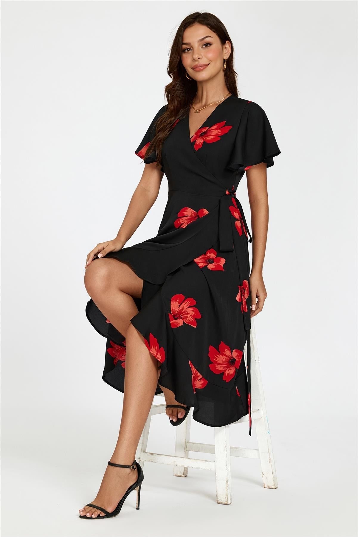 Floral Print Angel Sleeve Wrap Dress In Black by FS Collection - FS524 BLACKRED