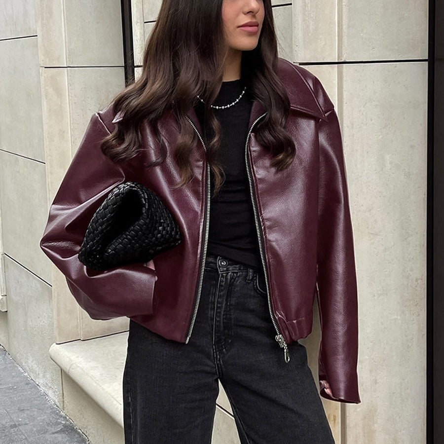 Solid Leather Long Sleeve Lapel Jacket