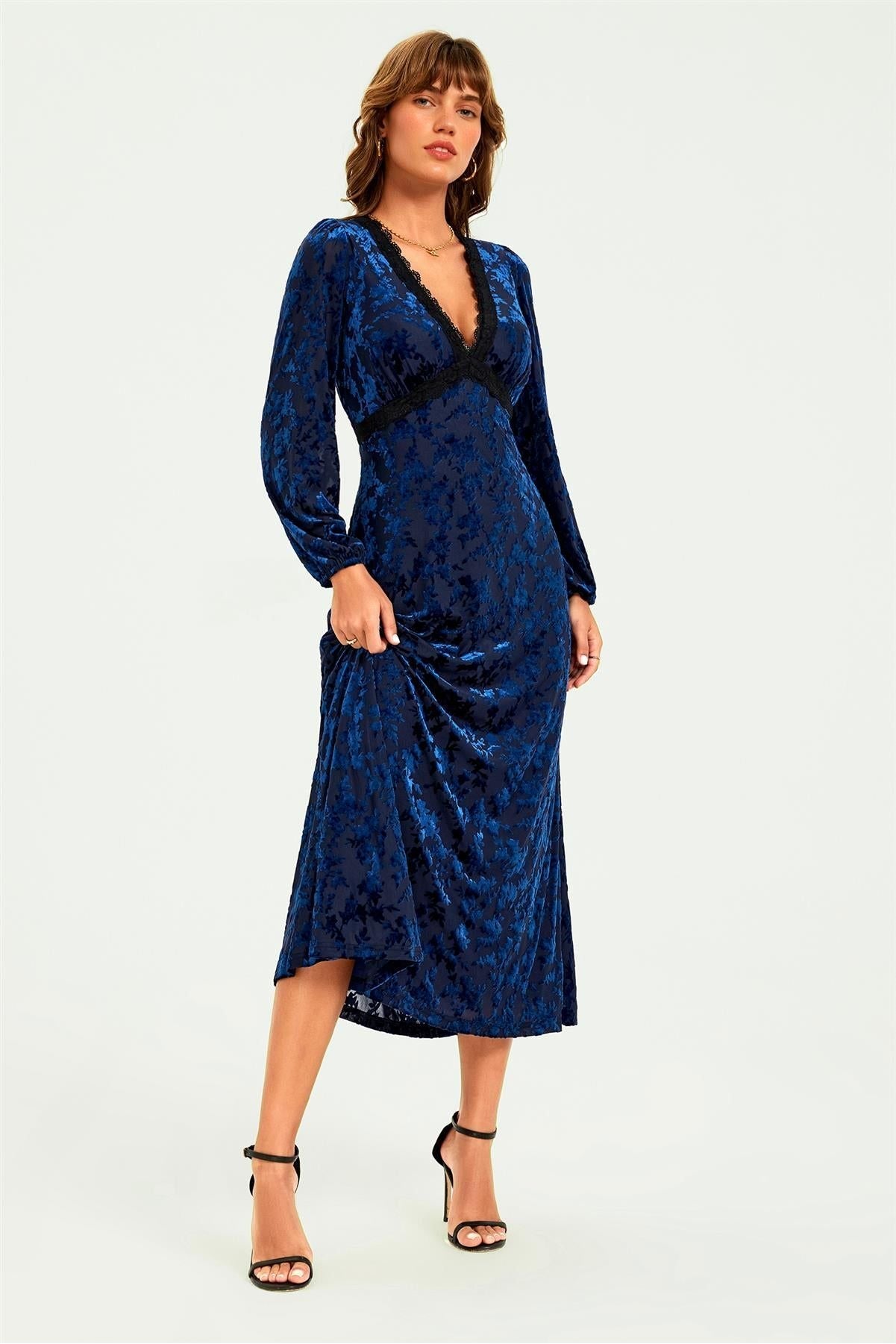 Floral Velvet Devore Lace Trim Neckline Midi Dress In Navy by FS Collection - FS903 NVF