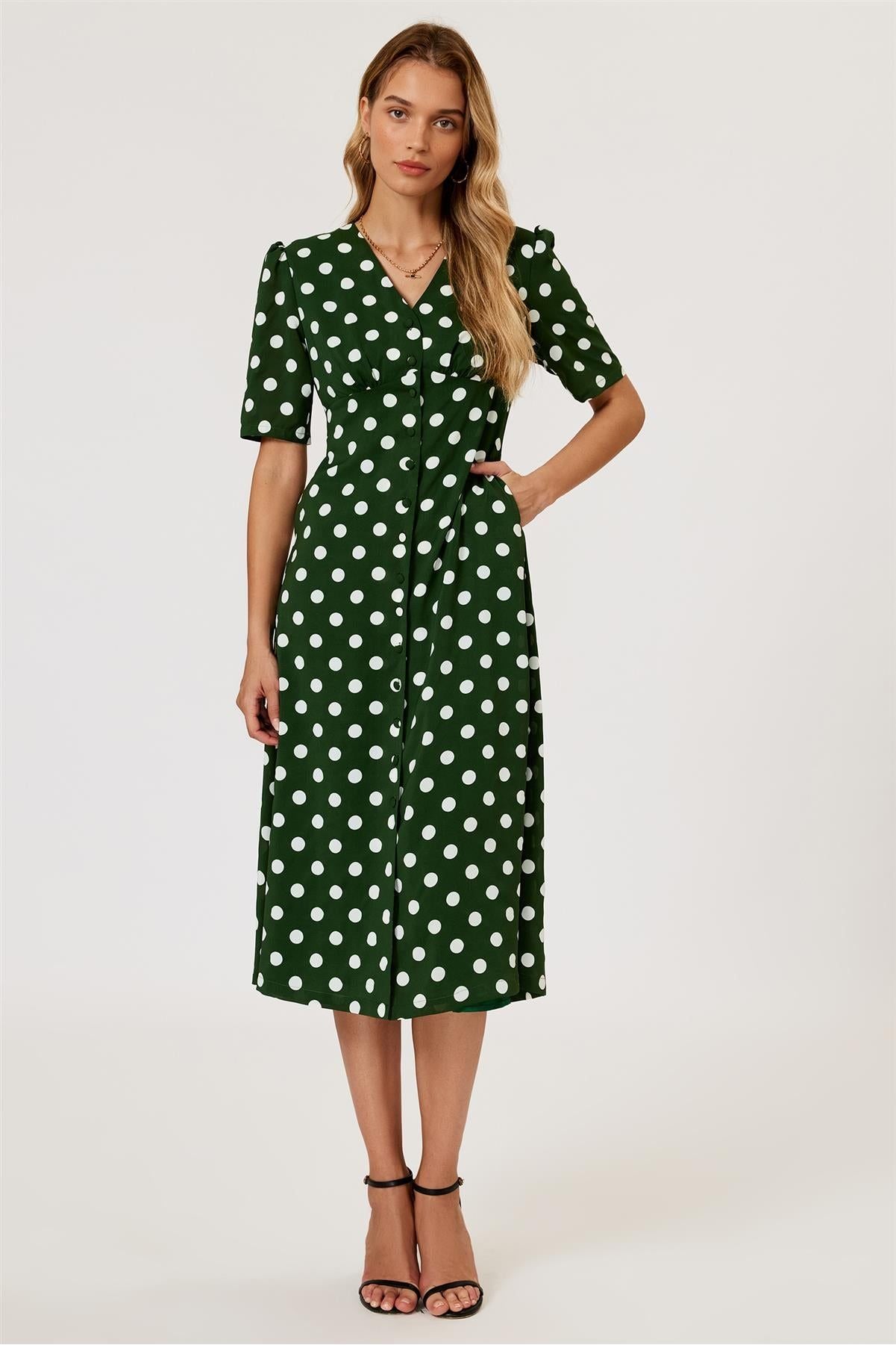 Polka Dot Print Button Front Midi Dress In Green by FS Collection - FS884