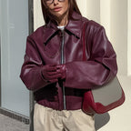 Solid Leather Long Sleeve Lapel Jacket