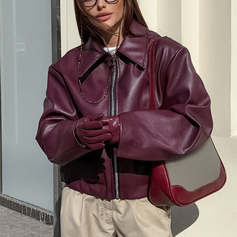 Solid Leather Long Sleeve Lapel Jacket