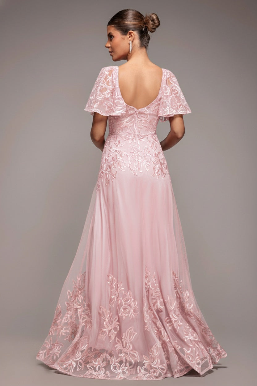 Goddiva Lace Flutter Sleeve Embroidered Mesh A Line Maxi Dress