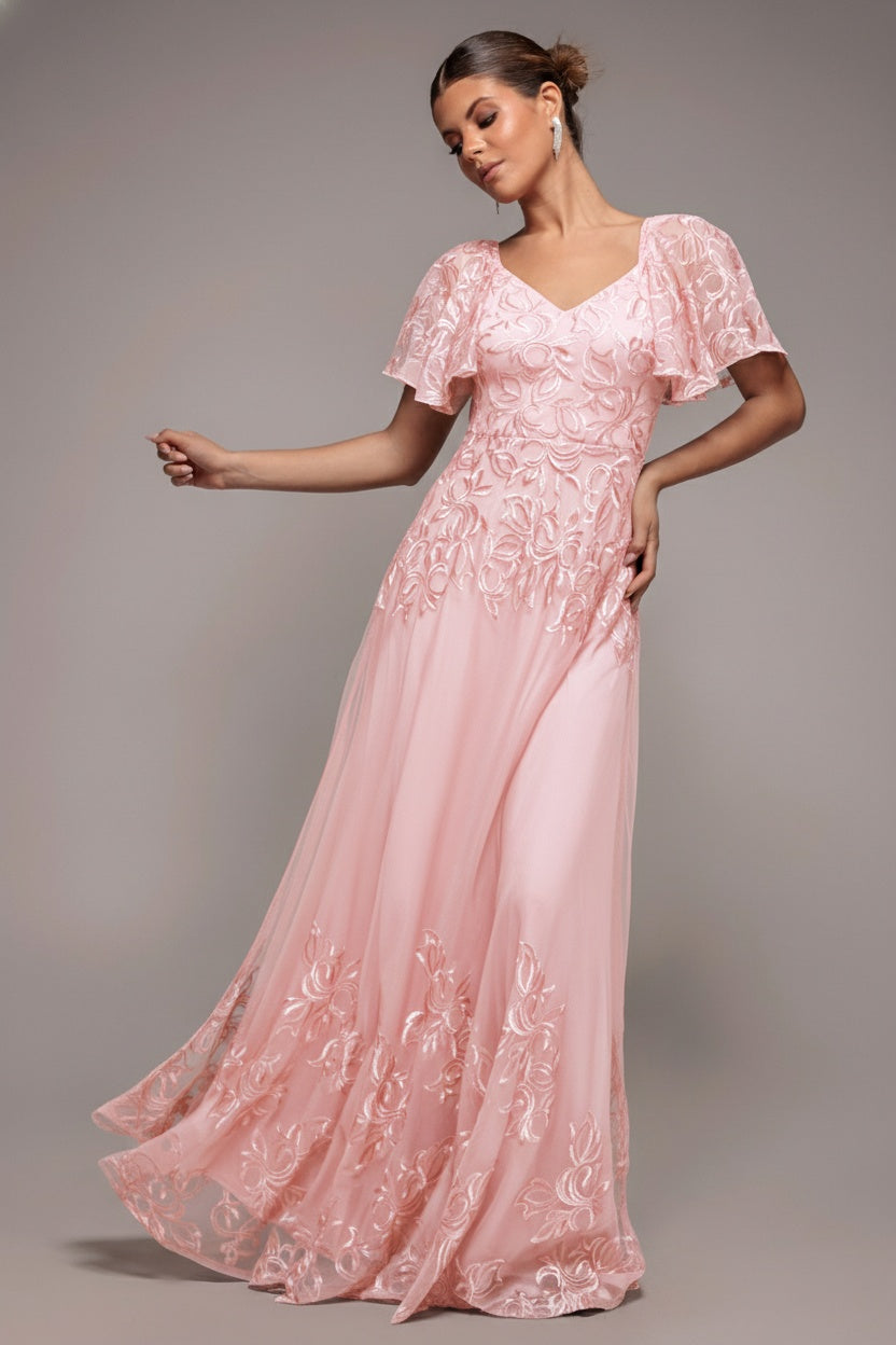 Goddiva Lace Flutter Sleeve Embroidered Mesh A Line Maxi Dress
