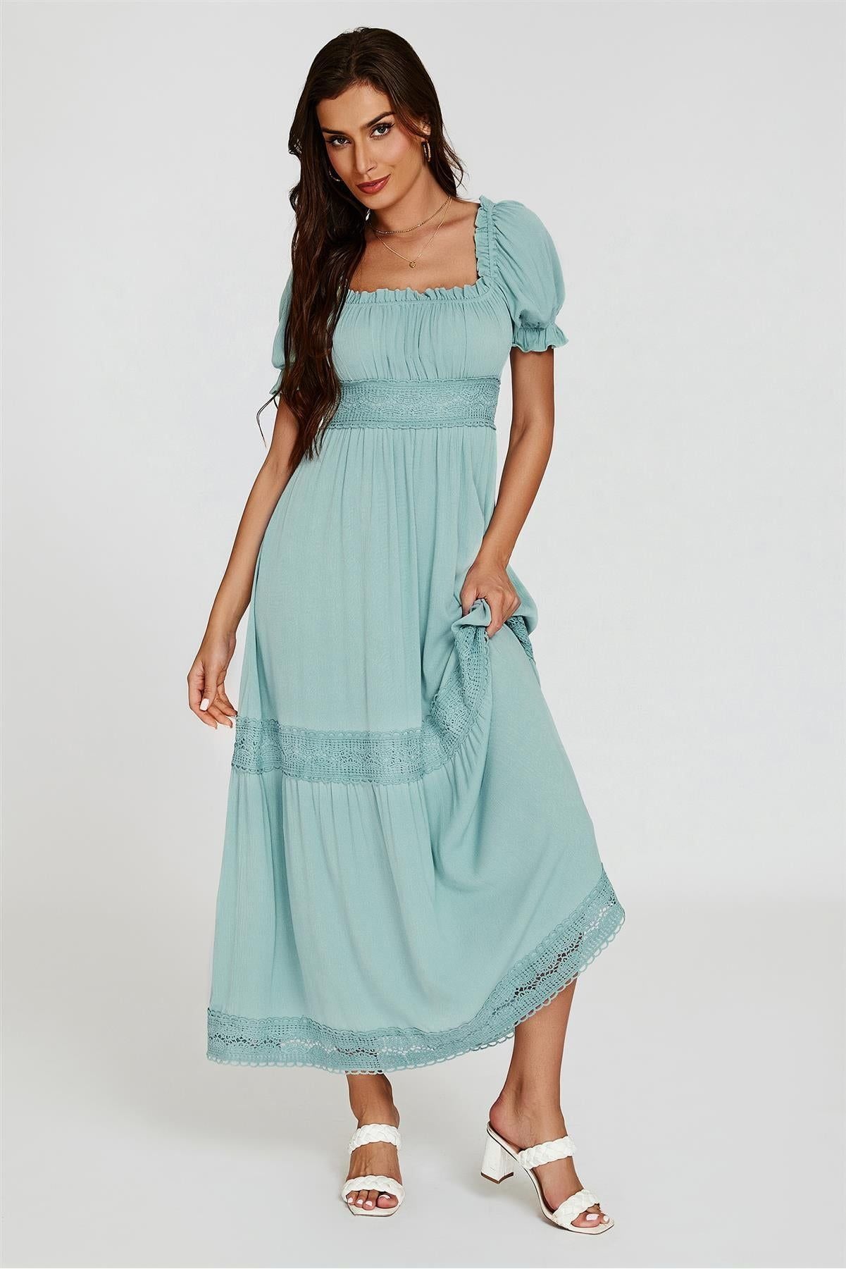 Lace Detail Bardot Maxi Dress In Blue by FS Collection - FS829 BLC