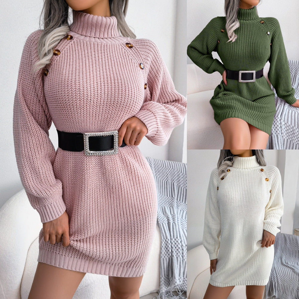 Long Turtleneck Sweater Dress With Button