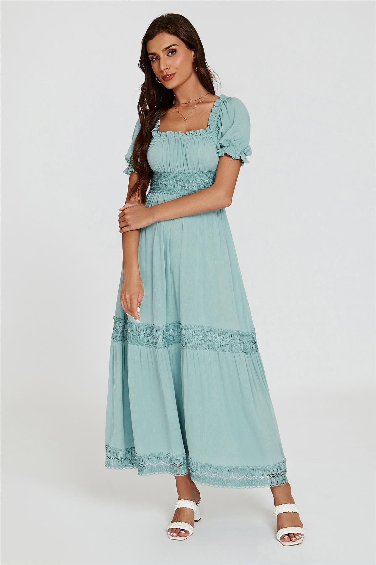 Lace Detail Bardot Maxi Dress In Blue by FS Collection - FS829 BLC