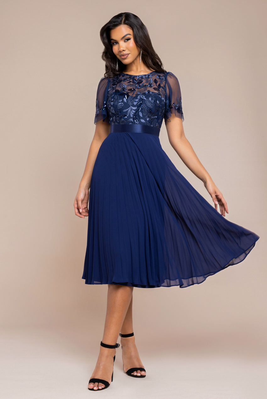 Goddiva Embroidered Top Chiffon Pleated Midi