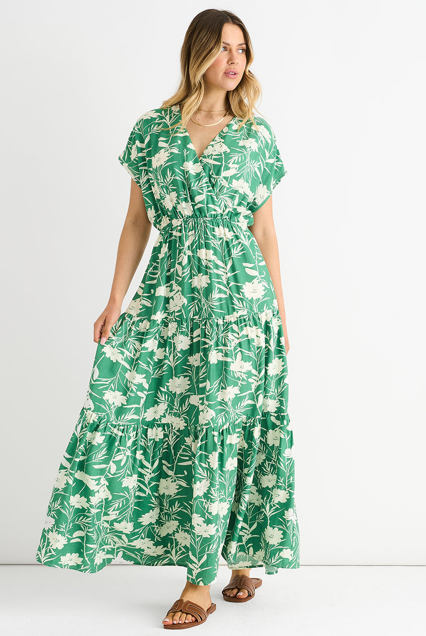 Green Floral Elastic Waist Maxi Dress by Gini London - GL1245