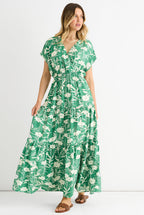 Green Floral Elastic Waist Maxi Dress by Gini London - GL1245