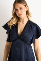 Navy Floral Satin Jacquard Lace Trim Midi Dress by Gini London - GL2188