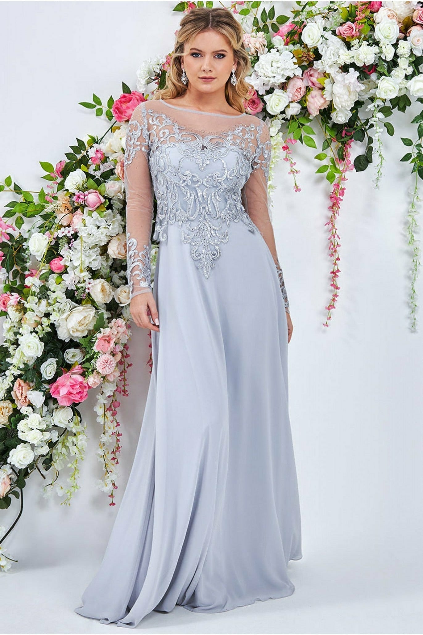 Goddiva Sequin Embroidered Patterned Lace Bodice Chiffon Maxi Dress