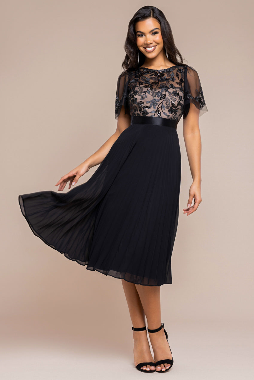Goddiva Embroidered Top Chiffon Pleated Midi