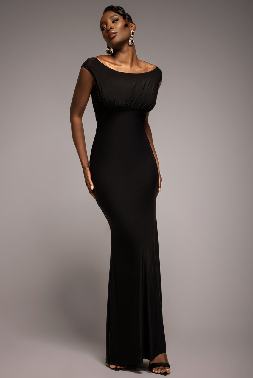 Goddiva Open Back Cowl Neck Gathered Maxi Dress With Velvet Tie Back
