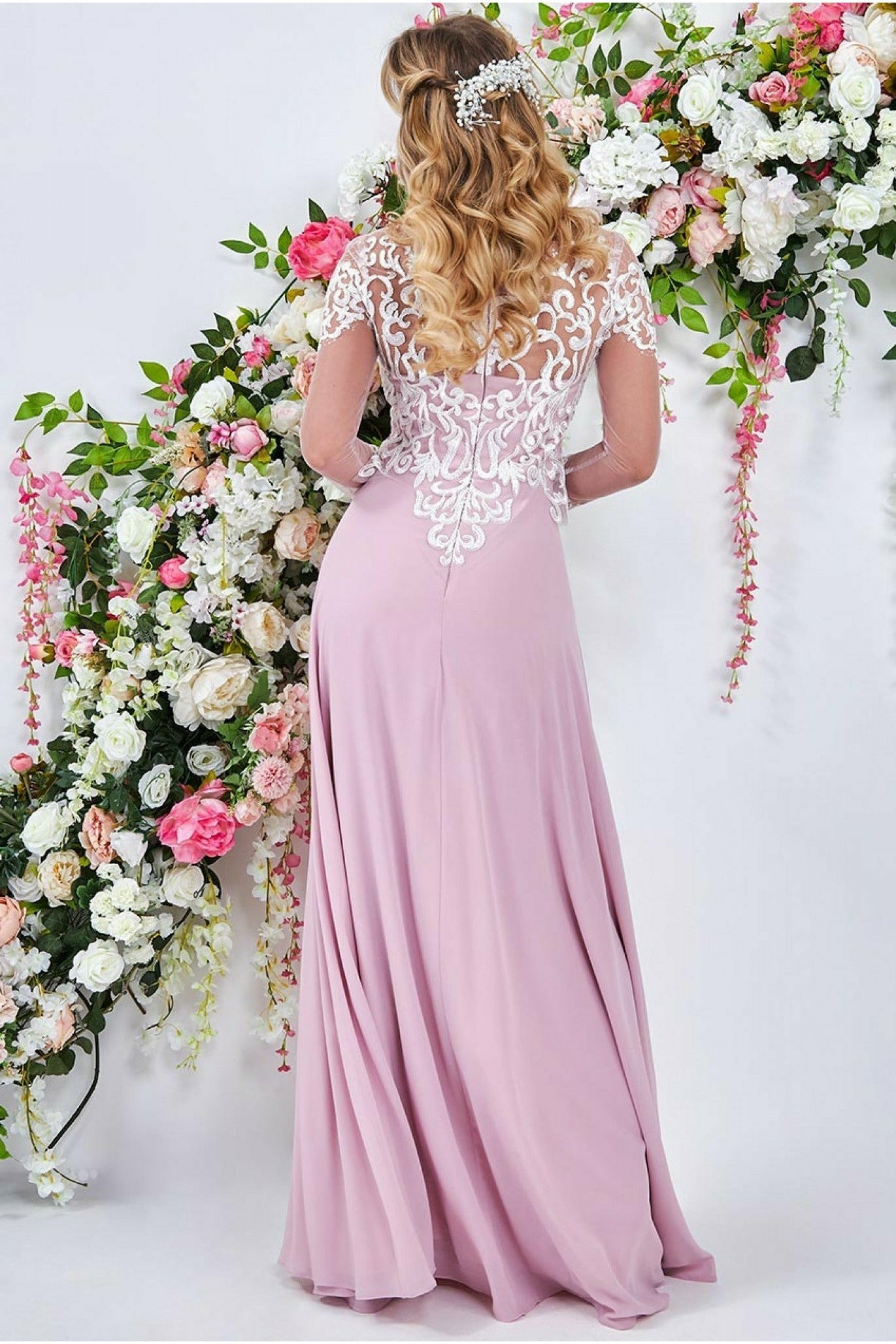 Goddiva Sequin Embroidered Patterned Lace Bodice Chiffon Maxi Dress